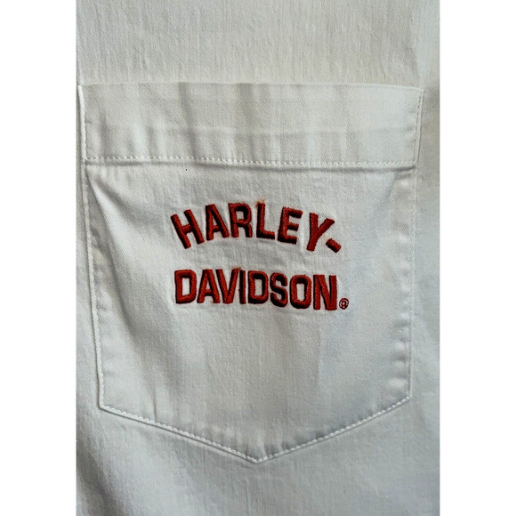 Harley Davidson Short Sleeve Stretchy Top Button Collared Shirt White Red Sz XS - Picture 2 of 6